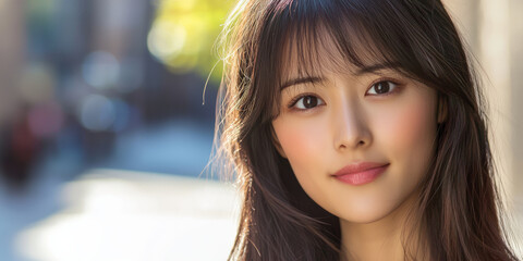 Obraz premium Cute Asian girl with long hair and straight bangs, generative AI