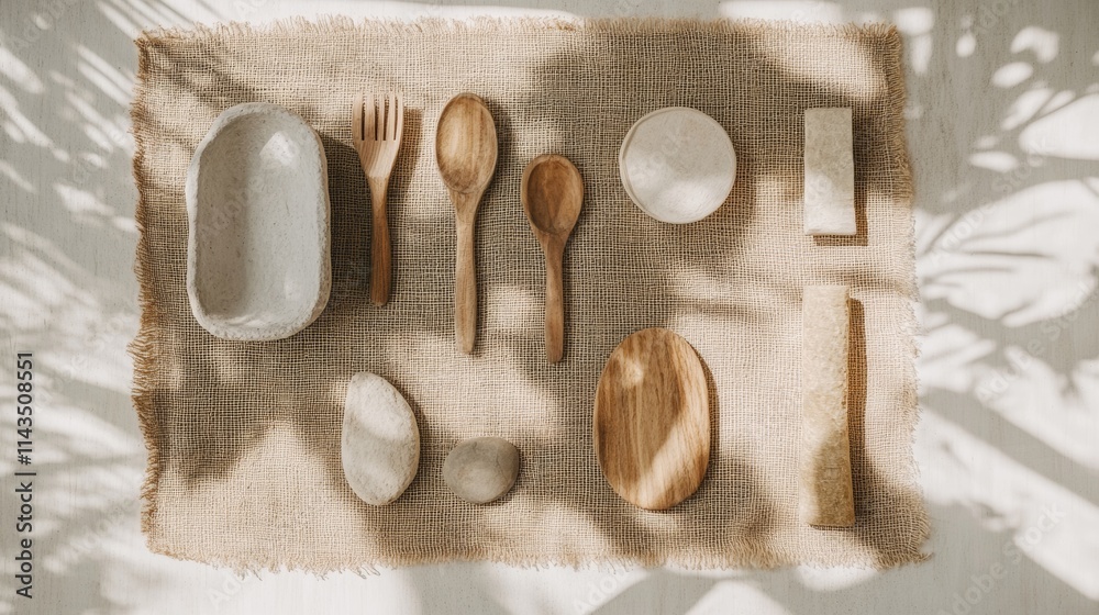 Poster rustic display of handcrafted wooden kitchen utensils on burlap with soft shadows