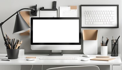 Fototapeta premium clean desk with modern office supplies no faces 