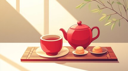 Obraz premium A vibrant teapot with a cup and snacks on a bamboo tray in warm sunlight.
