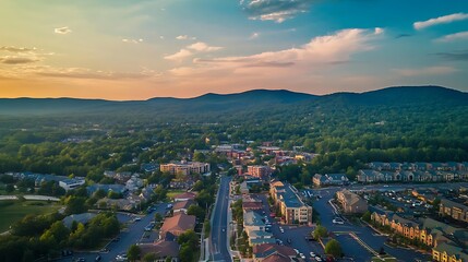 Fototapeta premium Golden Hour Aerial View of Suburban Town Nestled in Mountains. AI Generated