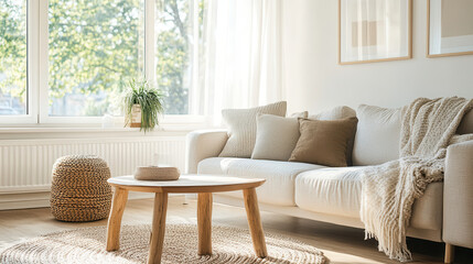Fototapeta premium bright and cozy living room with beige sofa, wooden coffee table, and natural decor, bathed in sunlight from large windows
