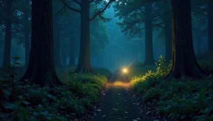 Obraz premium A single firefly illuminates a dark forest path, mystical atmosphere, firefly light, nocturnal creatures