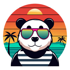 Retro Style Panda Illustration with Sunglasses in Sunset Circle Design For T-shirt © Hafiz283