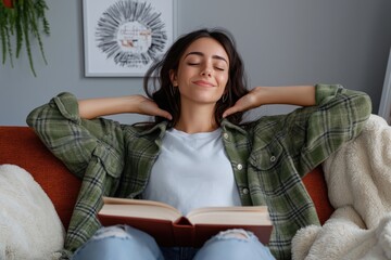 Relaxed young woman stretching neck and resting after reading a book while sitting on comfortable sofa at home