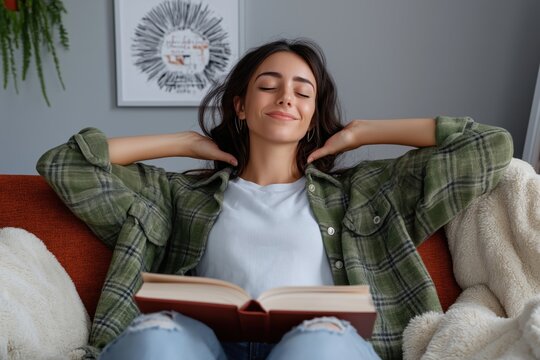 Relaxed young woman stretching neck and resting after reading a book while sitting on comfortable sofa at home