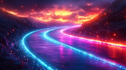 Fototapeta premium Futuristic Light Trails in Cyberpunk Landscape Data Transfer and Connectivity