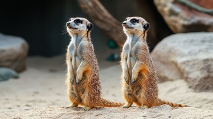Two meerkats standing upright on sand. Perfect for wildlife, nature, or animal themes.