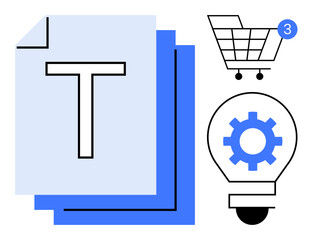 Document stack with a large T, shopping cart with 3 notifications, and lightbulb with gear suggesting innovation. Ideal for e-commerce, productivity, technology, creativity, innovation