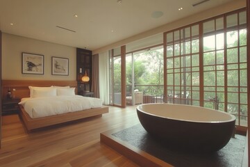 Fototapeta premium Modern bedroom with freestanding tub, wooden floors, and large windows showing lush greenery. Perfect for showcasing luxury hotels, spas, or high-end real estate.