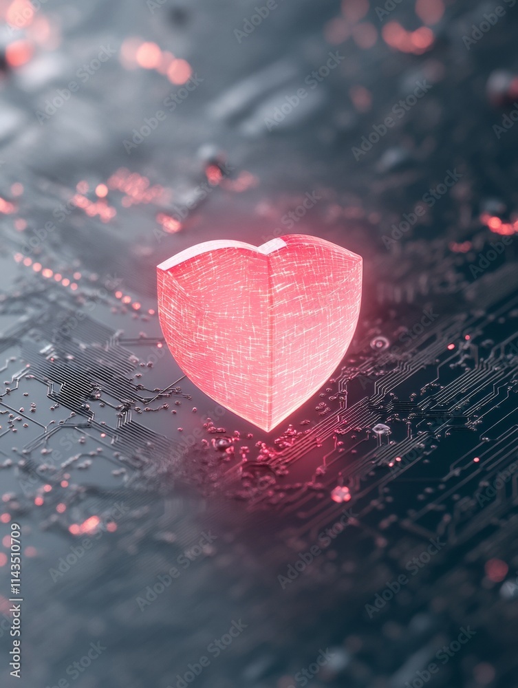 Poster glowing heart shaped firewall symbol on circuit board - cybersecurity and digital protection concept