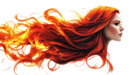 a woman with long. flowing red hair that is ablaze with fire the flames are bright and intense. and they seem to be flowing from her hair like a waterfall her expression is one of determination and st