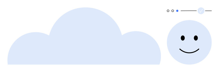 Blue cloud with smiling face icon next to a toggle bar indicator, dots, and circle. Ideal for weather apps, mood indicators, internet connectivity, user interface design, tech tutorials, playful