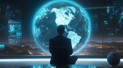 A cinematic view of a business leader analyzing holographic global market data