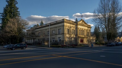 Fototapeta premium Courthouse building exterior bathed in warm sunset hues, symbolizing justice and order amidst the tranquility of evening light