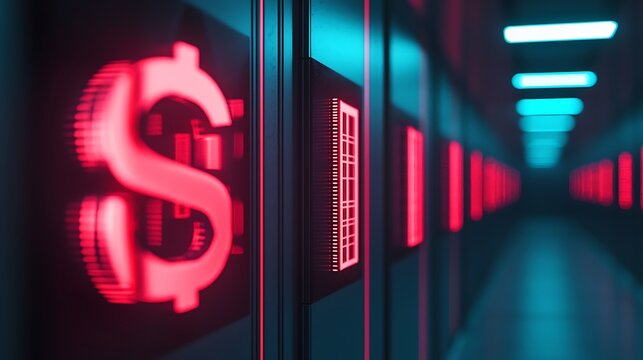 A digital corridor featuring glowing red dollar signs on modern servers, symbolizing finance and technology integration.
