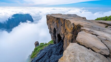 A breathtaking cliff overlooks a sea of clouds, surrounded by lush greenery and a clear blue sky, creating a stunning natural landscape.