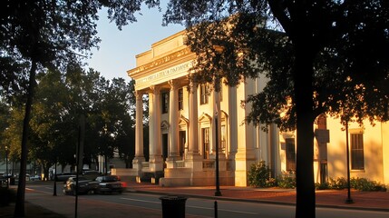 Obraz premium Courthouse building exterior bathed in warm sunset hues, symbolizing justice and order amidst the tranquility of evening light
