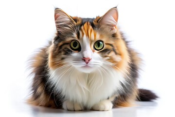 Obraz premium A scared calico cat, posed in a white studio, fluffy fur on display.