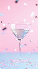 Futuristic Chrome-Themed Cocktail Celebration with Festive Confetti on Pink Background