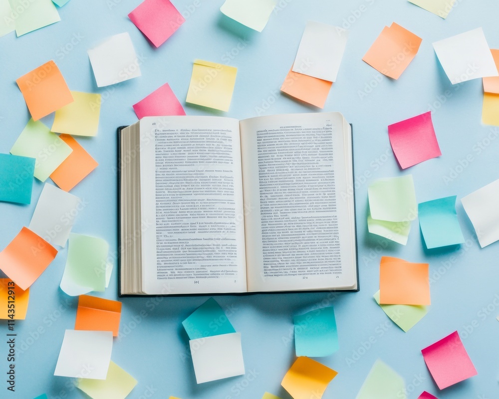 Poster colorful study open dictionary with sticky notes for cultural and linguistic exploration