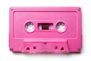 Obraz premium A vibrant pink cassette tape, a retro 80s icon, stands out against a clean white background.