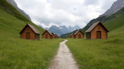 A serene landscape featuring wooden cabins surrounded by lush green grass, leading to majestic mountains under a cloudy sky.
