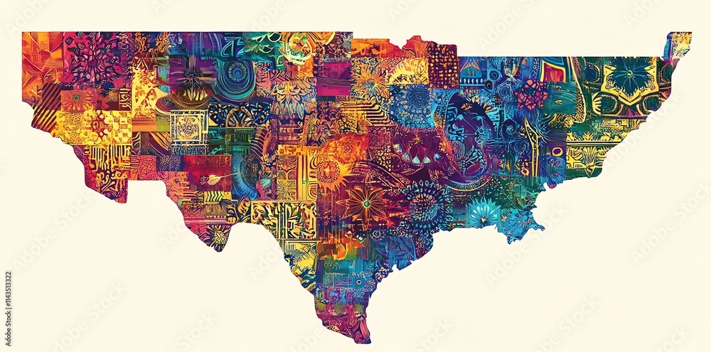 Poster a colorful artistic representation of texas, showcasing vibrant patterns and designs.
