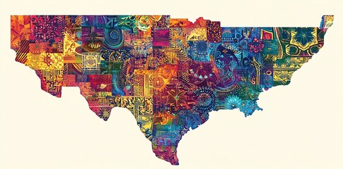 A colorful artistic representation of Texas, showcasing vibrant patterns and designs.