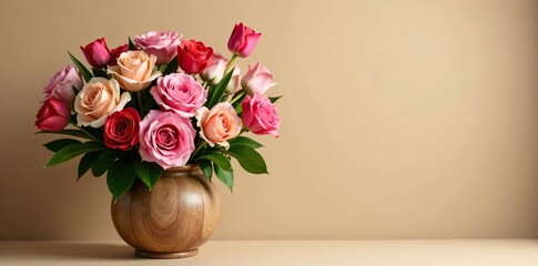 Obraz premium A vibrant mix of roses and tulips in a large wooden vase against a light brown neutral background, floral decoration, spring bouquet, fresh flowers