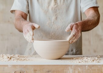 Fototapeta premium Focused Woodworker Sanding Smooth Wooden Bowl in Artisan Workshop