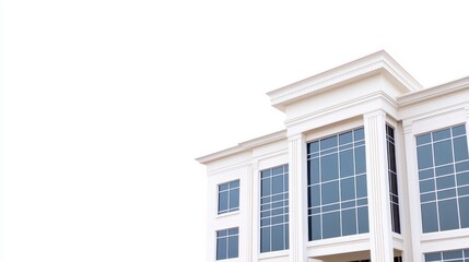 Obraz premium A modern building facade featuring large glass windows and classical architectural elements against a clear sky.