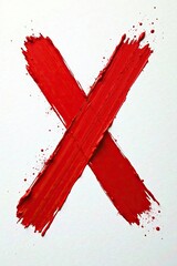 A vibrant red X mark splattered across a pristine white surface using thick and textured brush strokes, dynamic movement, bold color,