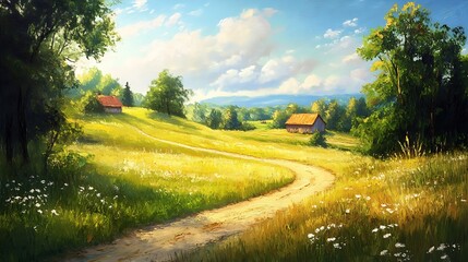 Winding path swiftly through rural area digital fantasy-inspired painting. AI Generated