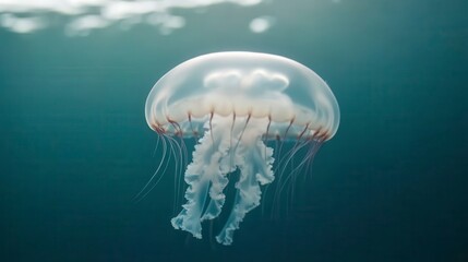 A translucent jellyfish gracefully floats in clear water, showcasing its delicate tentacles and ethereal form.