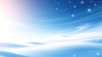 Endless stretches of soft, white snow blanket the ground under a bright blue winter sky, illuminated by the gentle glow of the sun, creating a peaceful and dreamy atmosphere