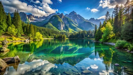 Fototapeta premium Breathtaking panoramic print: forest, lake, mountains. Stunning nature photography.