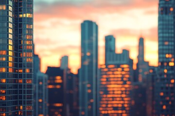 A vibrant city skyline at sunset, showcasing illuminated buildings against a colorful sky, creating a picturesque urban scene.