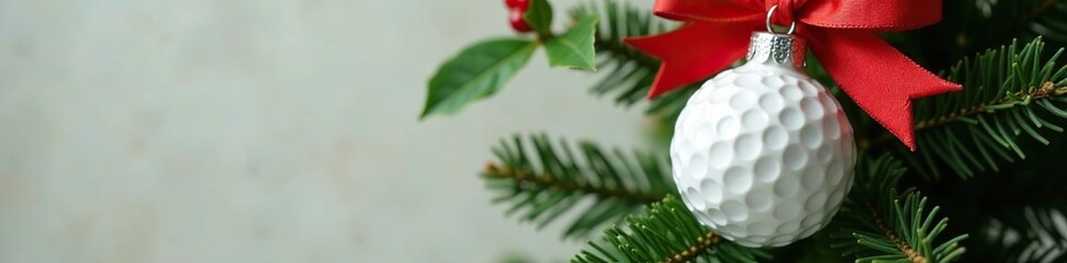 A white golf ball-shaped Christmas ornament placed on top of a mini Christmas tree, red ribbon, festive decor, holly leaf