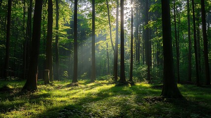 Sunlight Dappling Through Forest Trees Wide Shot Photo. AI Generated