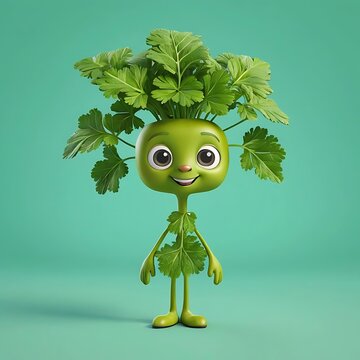 Cheerful Cilantro Character: Playful 3D Cartoon with Vibrant Personality. generated by ai. 