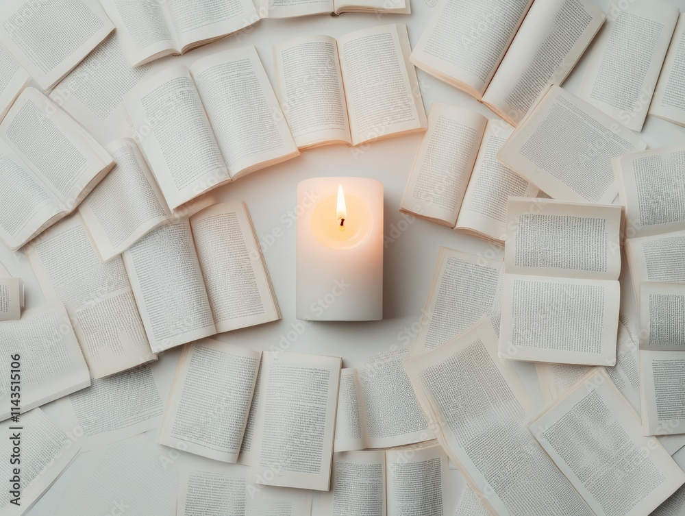 Poster surreal candlelight and books minimalistic abstract reflection