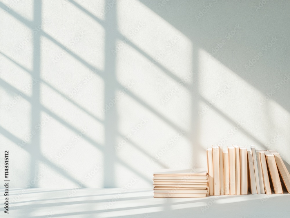 Poster Sunlit Serenity Minimalist Bookshelf Shadows and Light Play in a Quiet Study Space