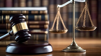 Gavel, scales of justice and law books
