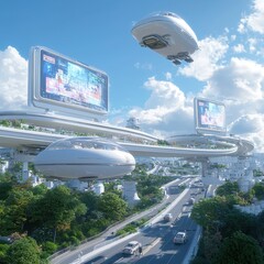 Fototapeta premium Futuristic urban landscape with flying vehicles and advanced technology