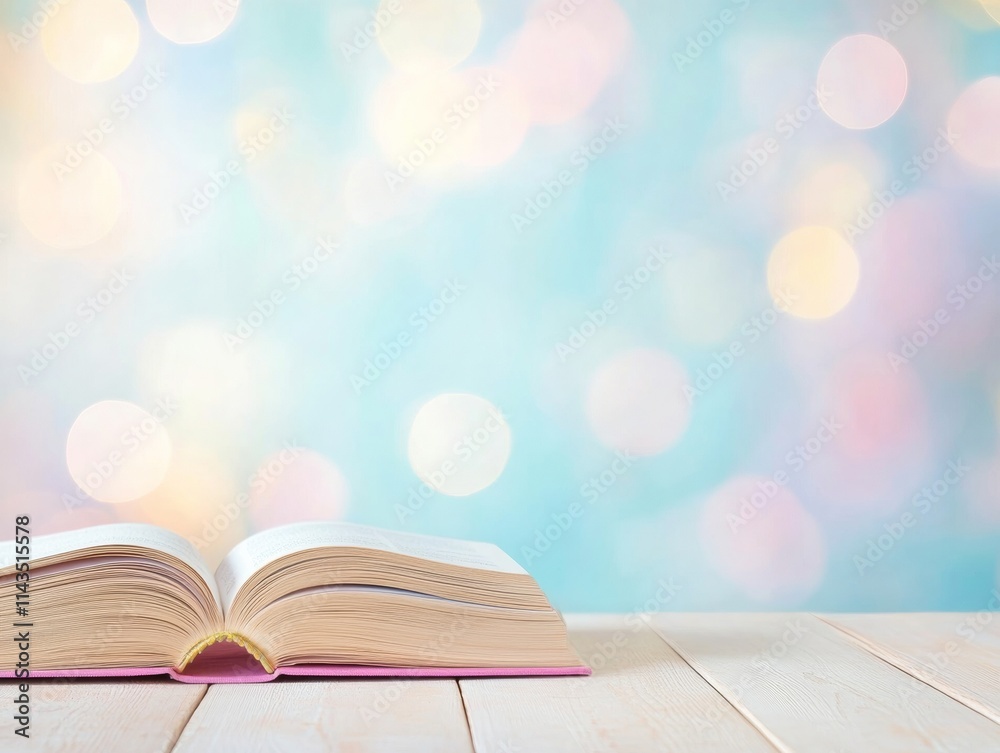 Poster dreamy learning atmosphere open book with pastel bokeh background