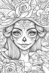 Fototapeta premium A woman with a skeleton on her face is surrounded by flowers. The flowers are in various sizes and are scattered throughout the image. Scene is eerie and mysterious