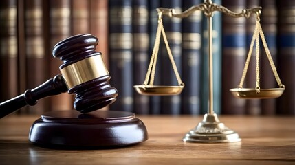 Gavel, scales of justice and law books