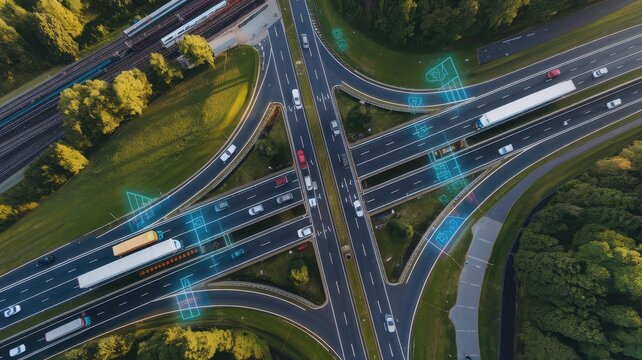Aerial View of Highway Intersection with Autonomous Vehicle Data Overlay