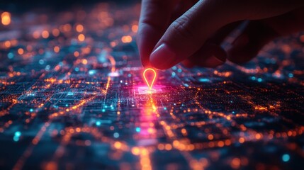 Naklejka premium Location Pin on Digital Map for GPS Navigation and Route Planning in a Cyberpunk Style with Neon Colors